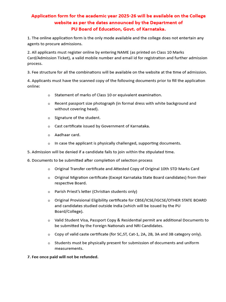Karnataka PUC Admission Guidelines 2025-26 | PDF