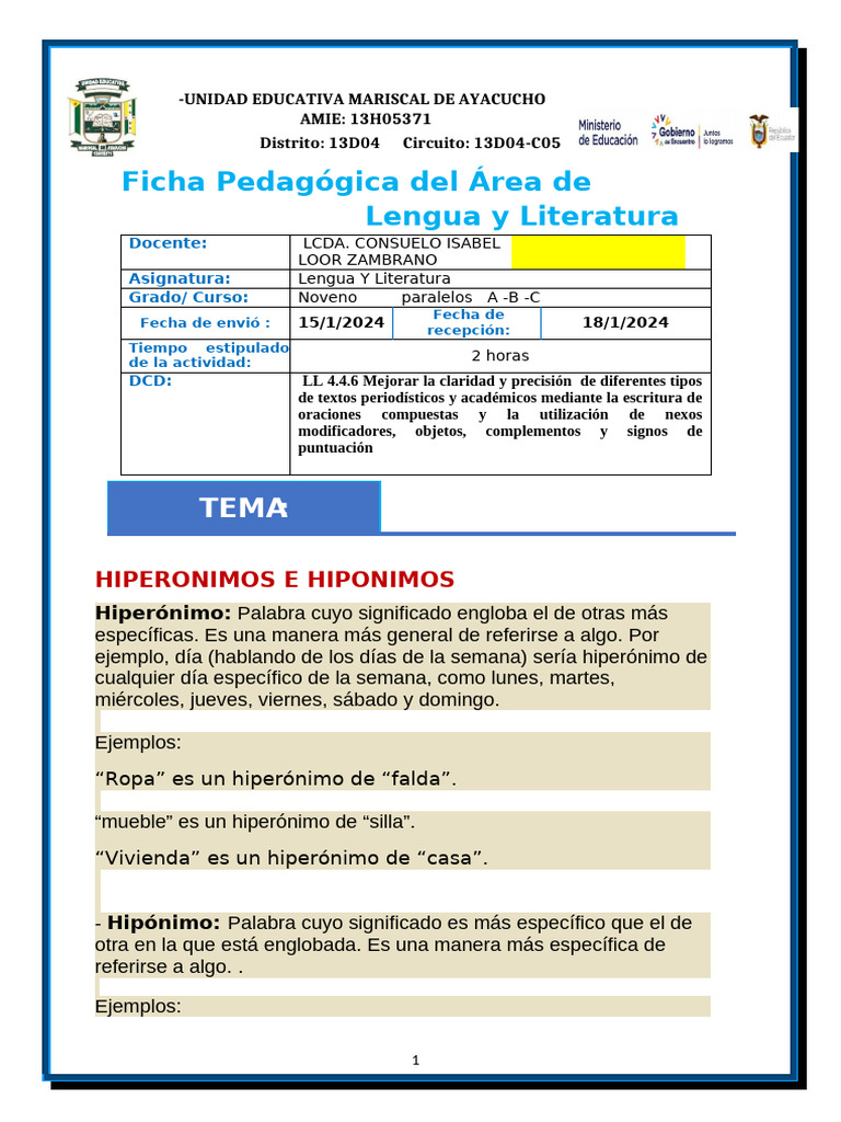 Hiperónimos y Hipónimos en Lengua | PDF