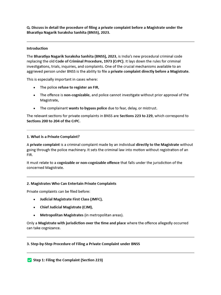 Filing Private Complaints under BNSS 2023 | PDF | Bail | Arrest
