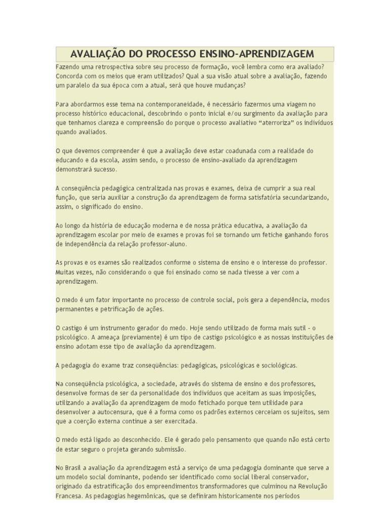 Avaliação no Processo Ensino-Aprendizagem | PDF | Padronização ...