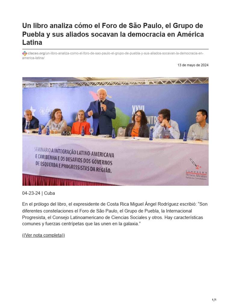 Un Libro Analiza Cómo El Foro de São Paulo El Grupo de Puebla y Sus ...