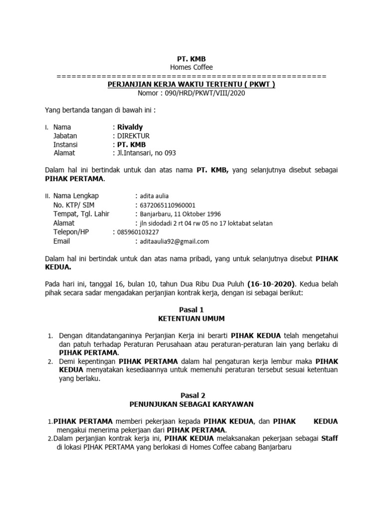Perjanjian Kerja PKWT PT. KMB 2020 | PDF