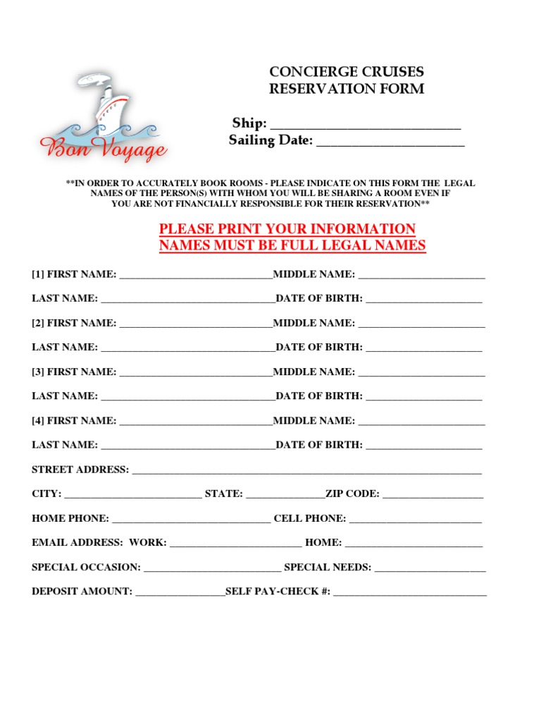 Blank Reservation Form PDF