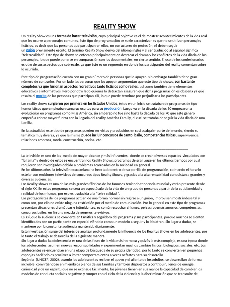 Influencia de Reality Shows en Adolescentes | PDF | Televisión de ...