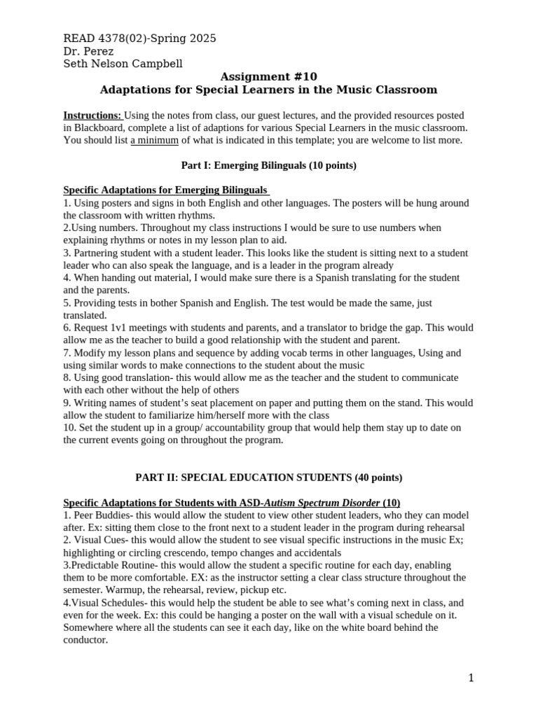 Adaptations for Special Learners in Music | PDF | Teachers | Learning