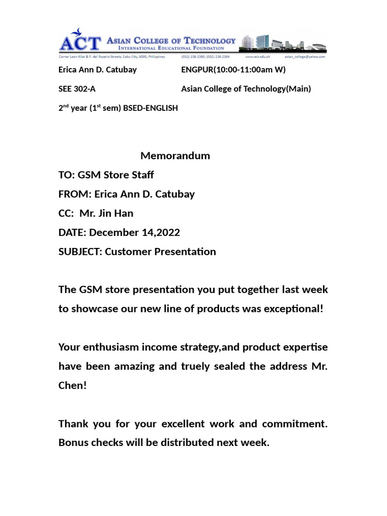 GSM Store Presentation Appreciation Memo | PDF