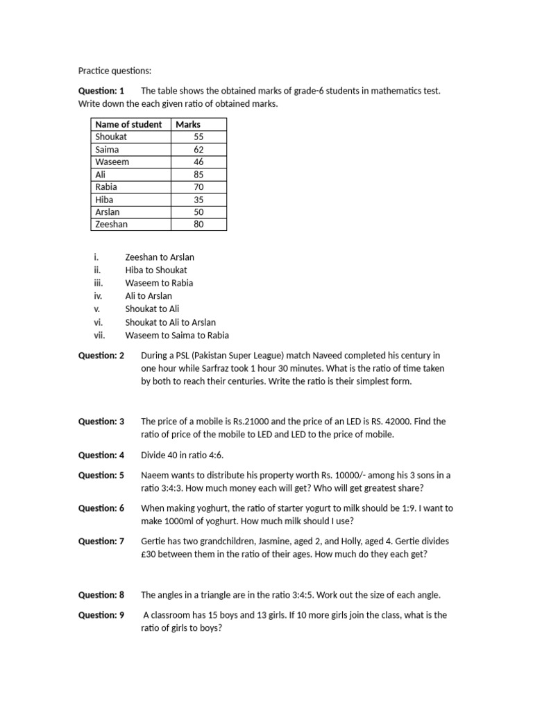 Ratio Practice Questions for Students | PDF