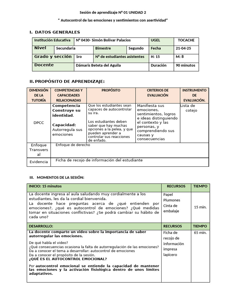 Sesion 1 Unidad 2 de Tutoria 1° | PDF | Las emociones | Neurociencia