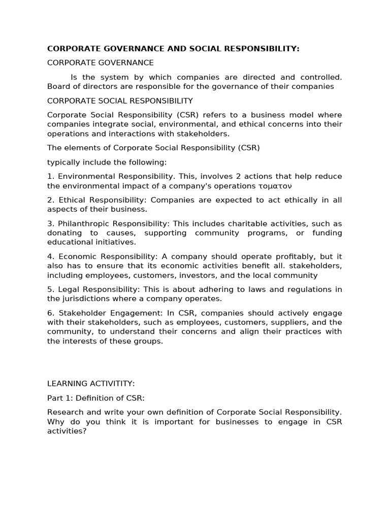 Corporate Governance and CSR Overview | PDF | Corporate Social ...