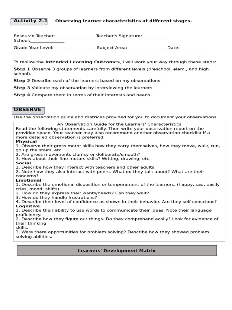FS1 Worksheets: Learner Observation Guide | PDF | Learning | Preschool