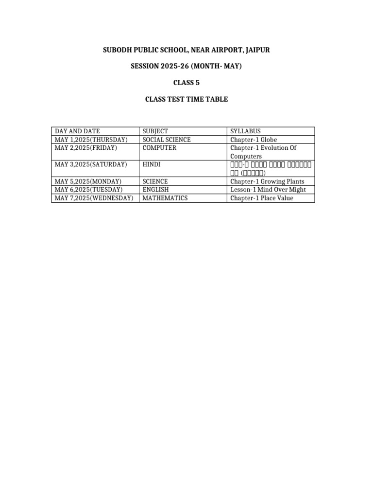 Class 5 Test Schedule May 2025 | PDF