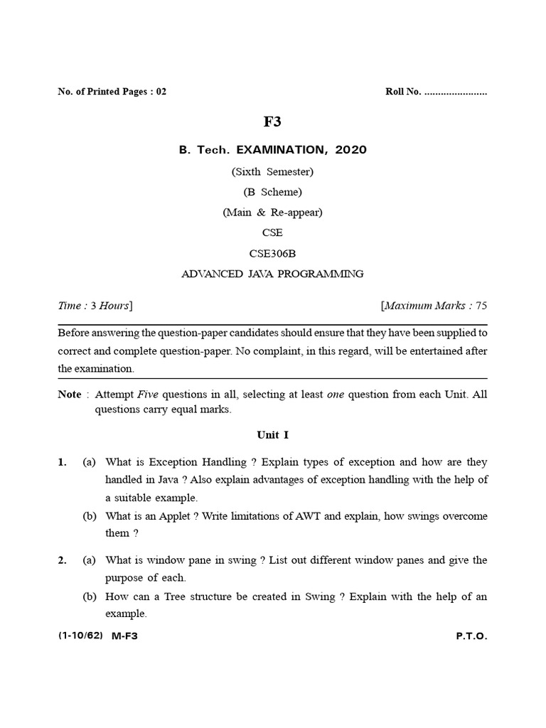 Btech Cse 6 Sem Advanced Java Programming f3 2020 | PDF | Java ...