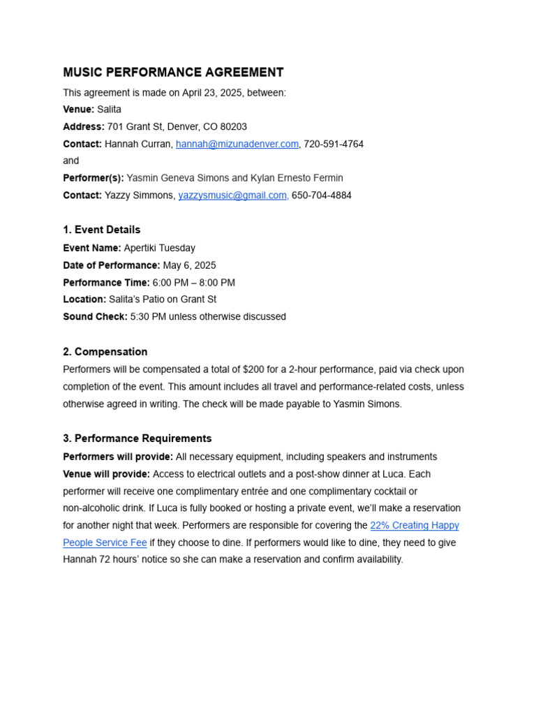 Music Performance Agreement - May 6 | PDF