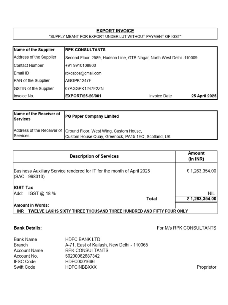 Export Invoice Format for RPK Consultants | PDF