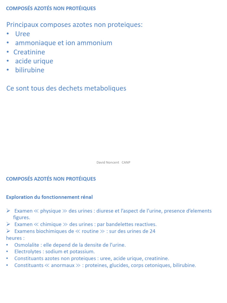 Exploration des Composés Azotés Non Protéiques | PDF | Créatinine | Urine