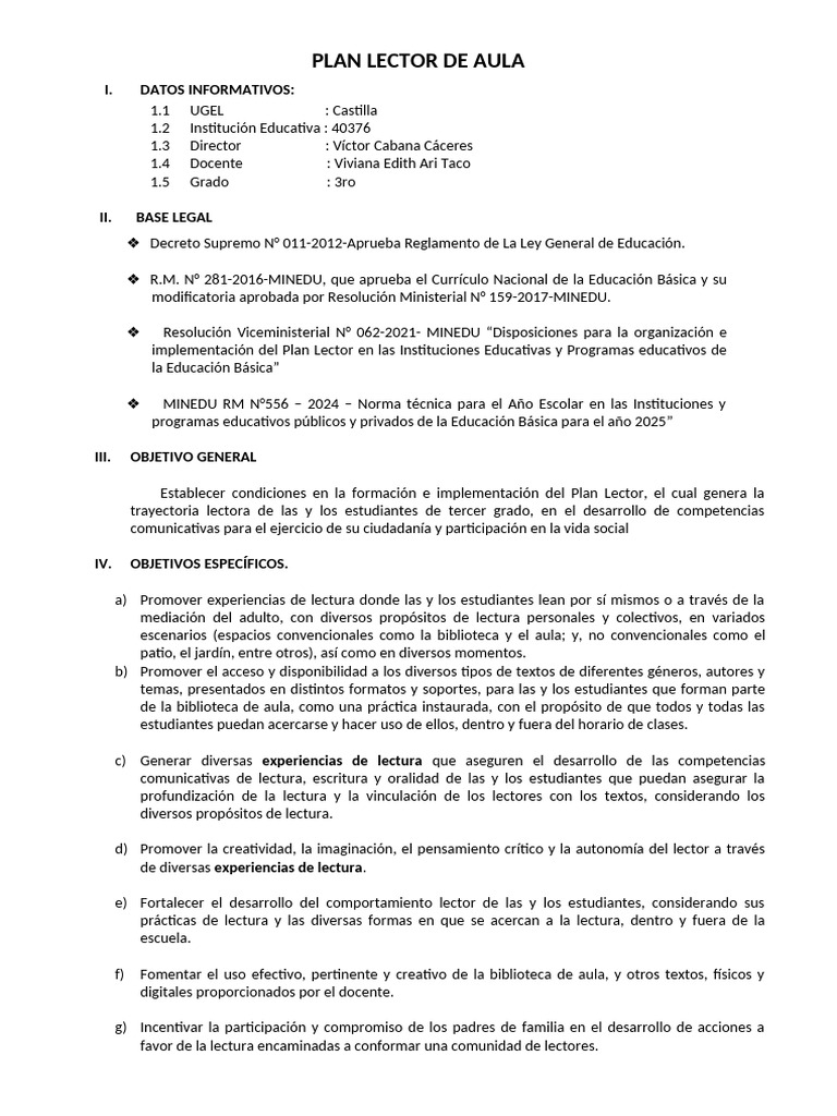 Plan Lector para Tercer Grado | PDF | Salón de clases | Aprendizaje