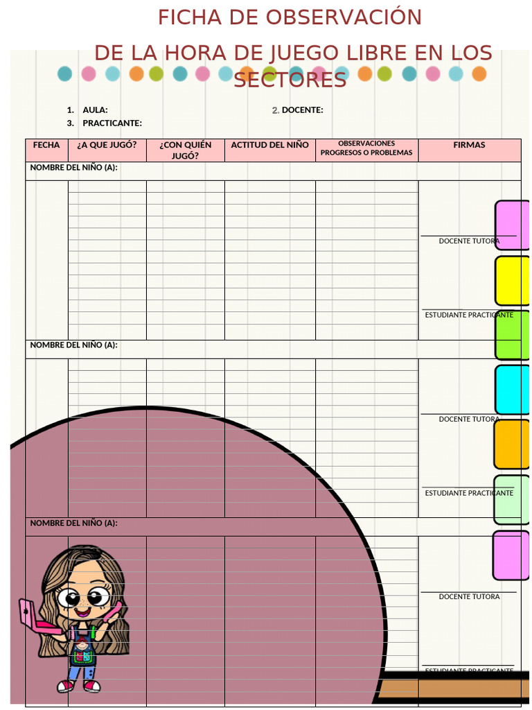 FICHA DE OBSERVACIÓN DE LA HORA DE JUEGO LIBRE EN LOS SECTORES Editado ...