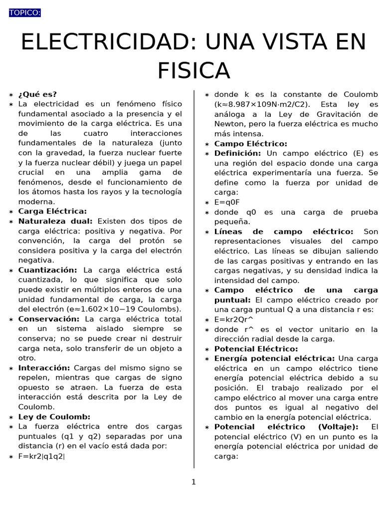 LA ELECTRICIDAD EN FISICA - RESUMEN PARTE 1 | PDF | Corriente eléctrica