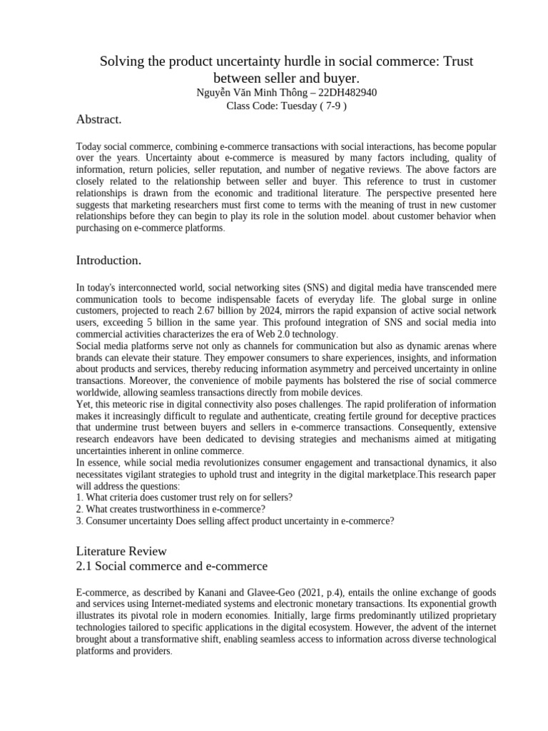 Trust in Social Commerce Uncertainty | PDF | E Commerce | Validity ...