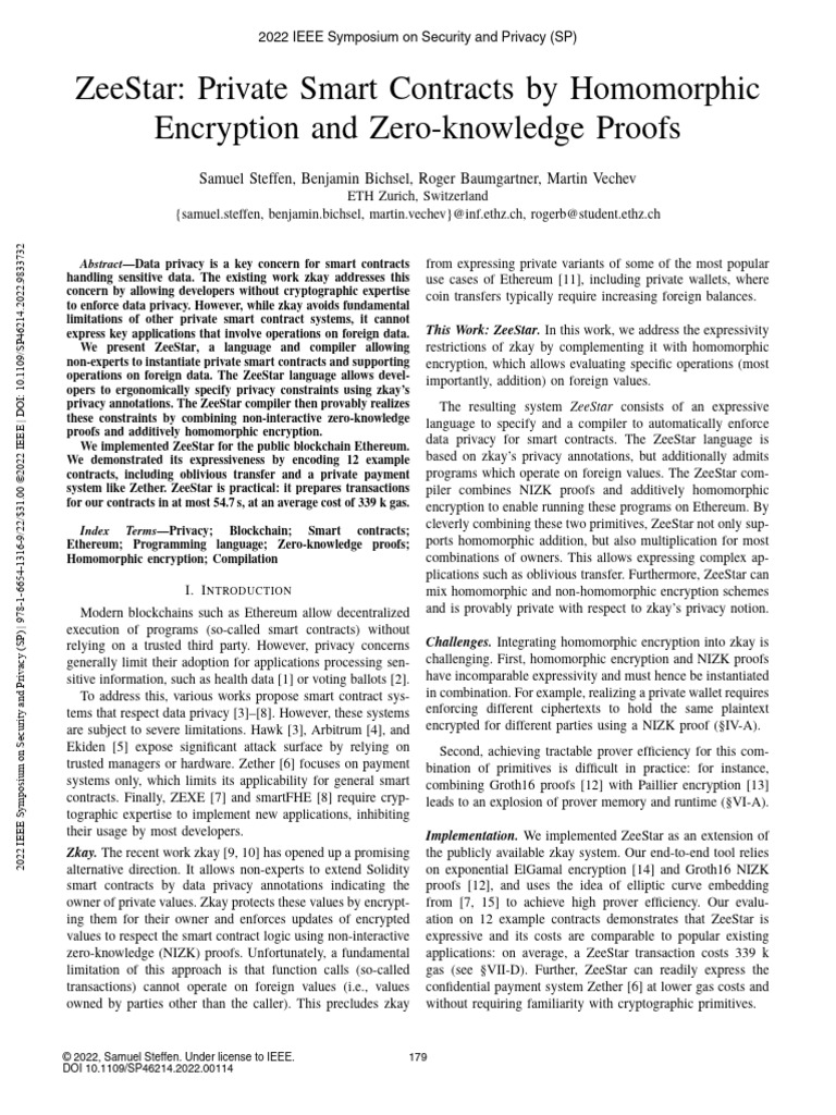 ZeeStar Private Smart Contracts by Homomorphic Encryption and Zero-Knowledge  Proofs | PDF | Encryption | Applied Mathematics
