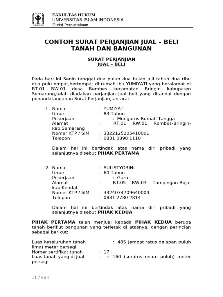 Contoh Surat Perjanjian Jual Beli Tanah | PDF