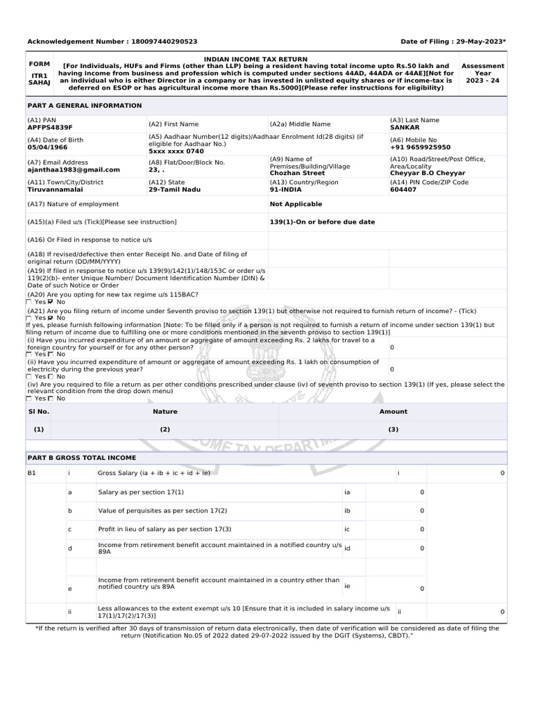 ITR1 Income Tax Return for FY 2023-24 | PDF | Government Finances ...