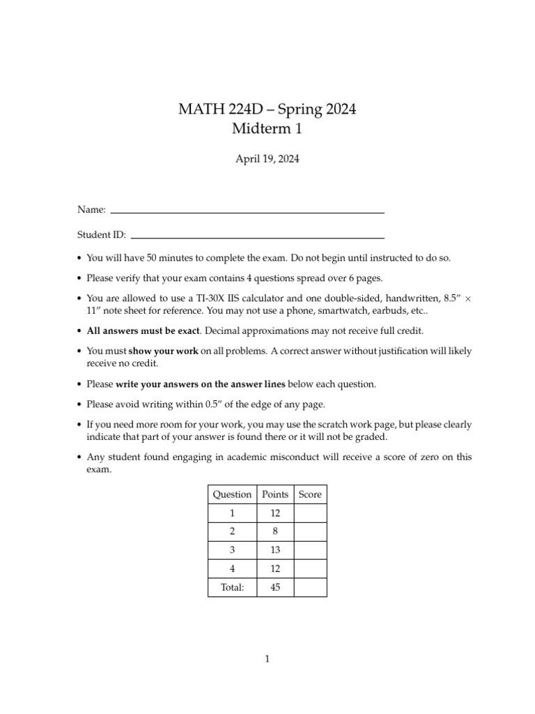 Practice Midterm 1 - SPR 24 | PDF | Cartesian Coordinate System | Sphere