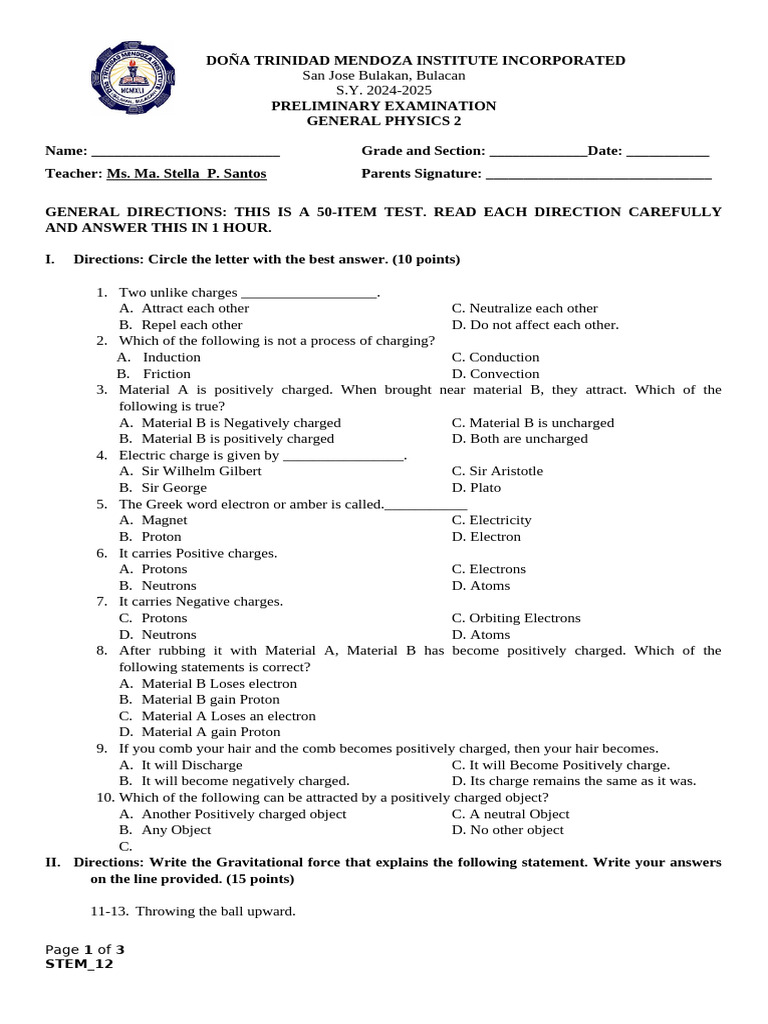 General Physics 2 Preliminary Exam | PDF | Electric Charge | Electron