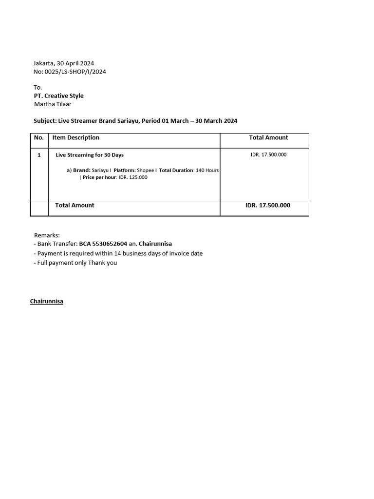 Sariayu Live Stream Invoice Details | PDF