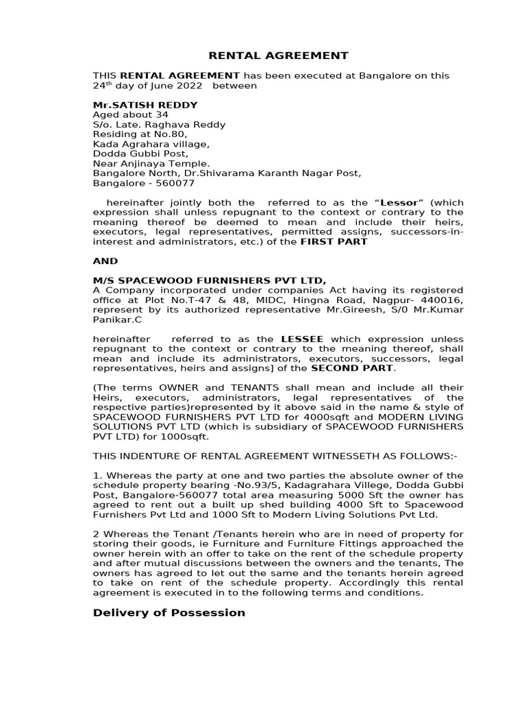 Rental Agreement - Spacewood | PDF | Lease | Leasehold Estate