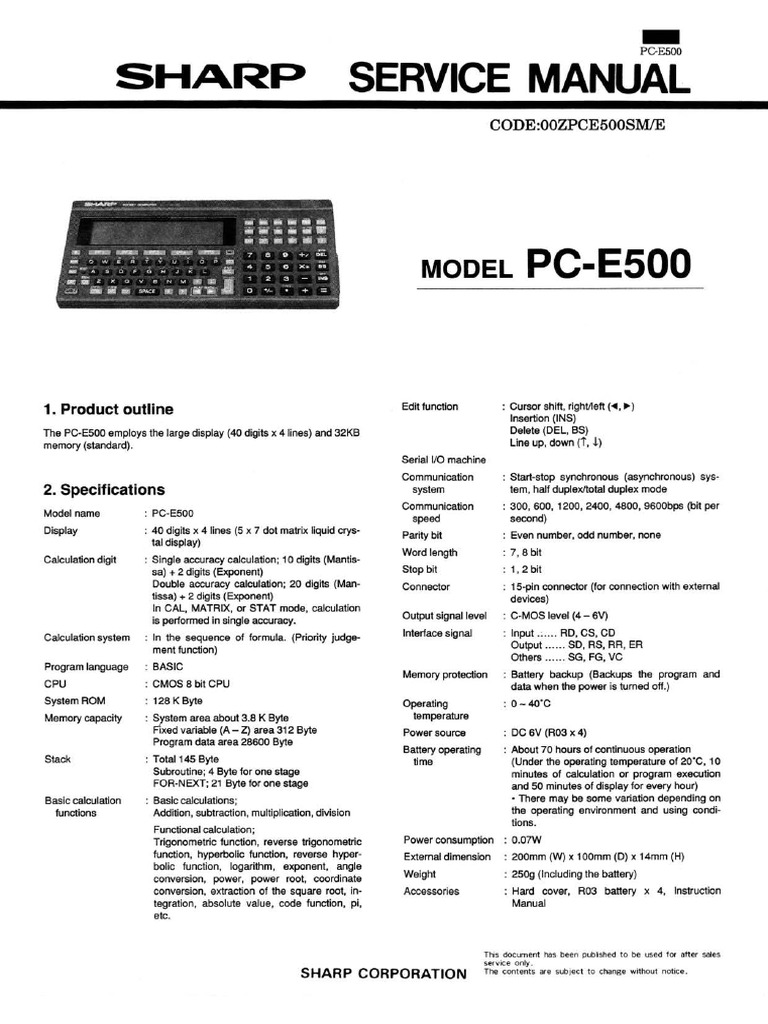 Sharp PC-E500 Service Manual | PDF | Computer Program | Programming