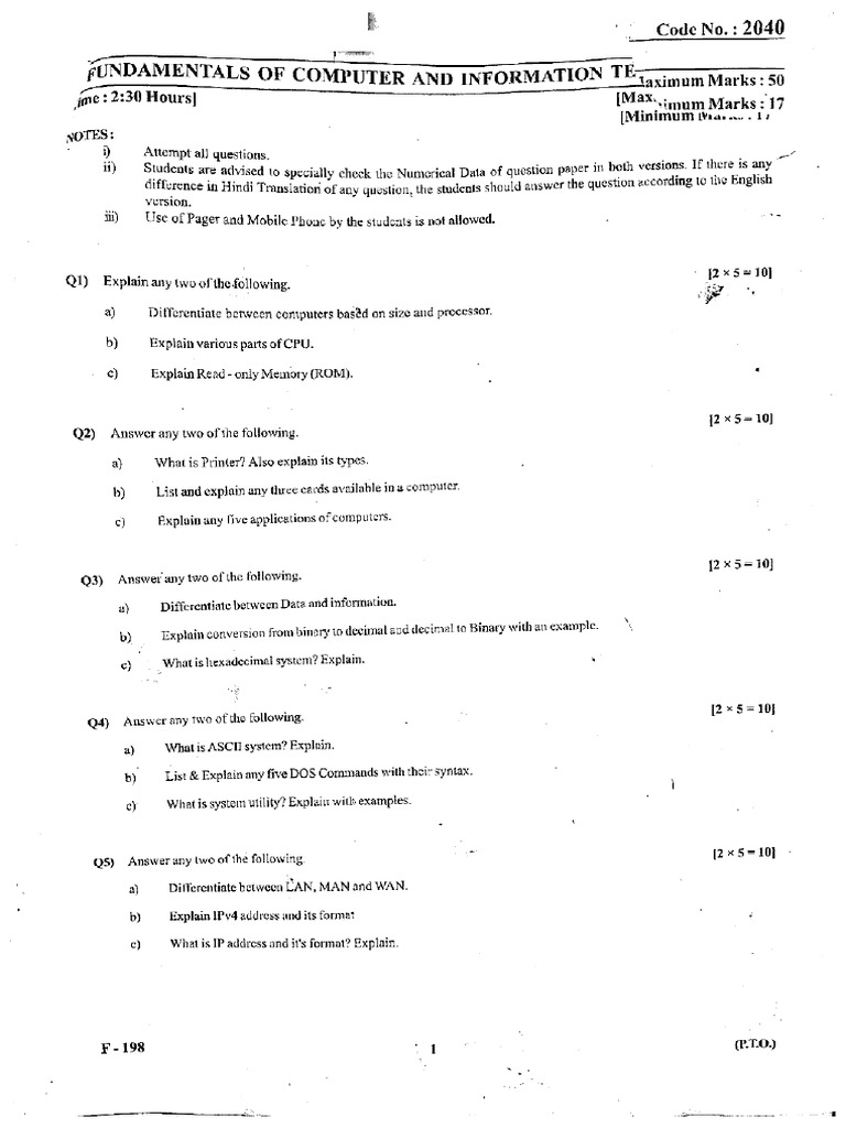 All 1 Sem Fundamentals of Computer and It 2040 Feb 2024 | PDF