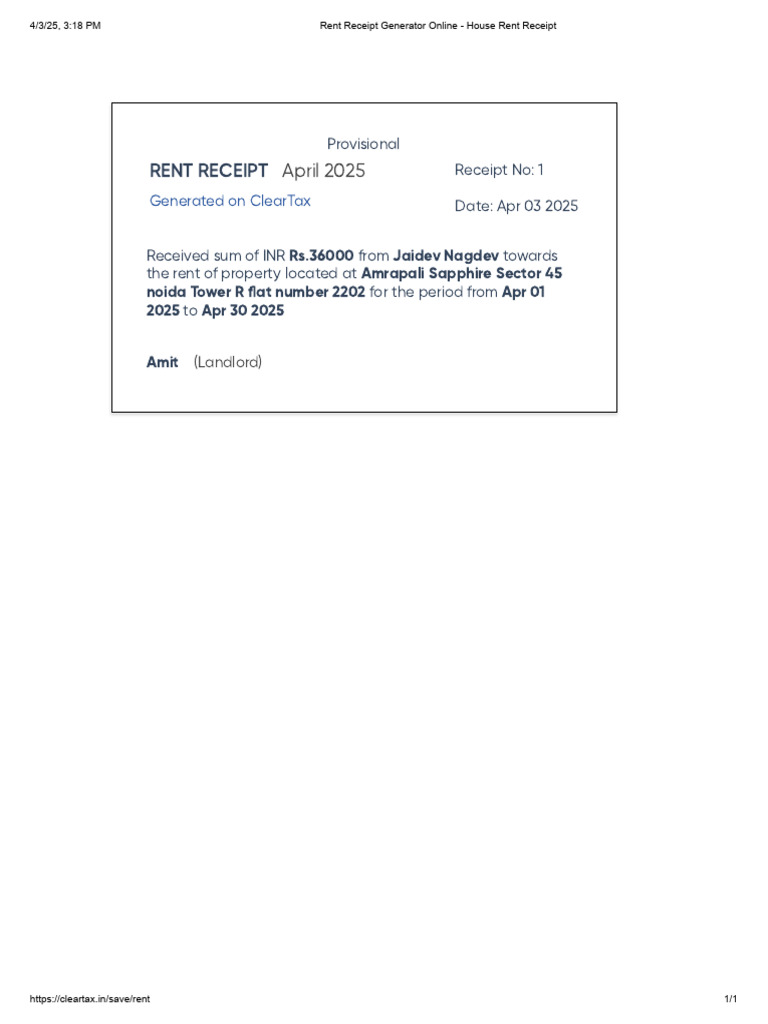 Online Rent Receipt for April 2025 | PDF