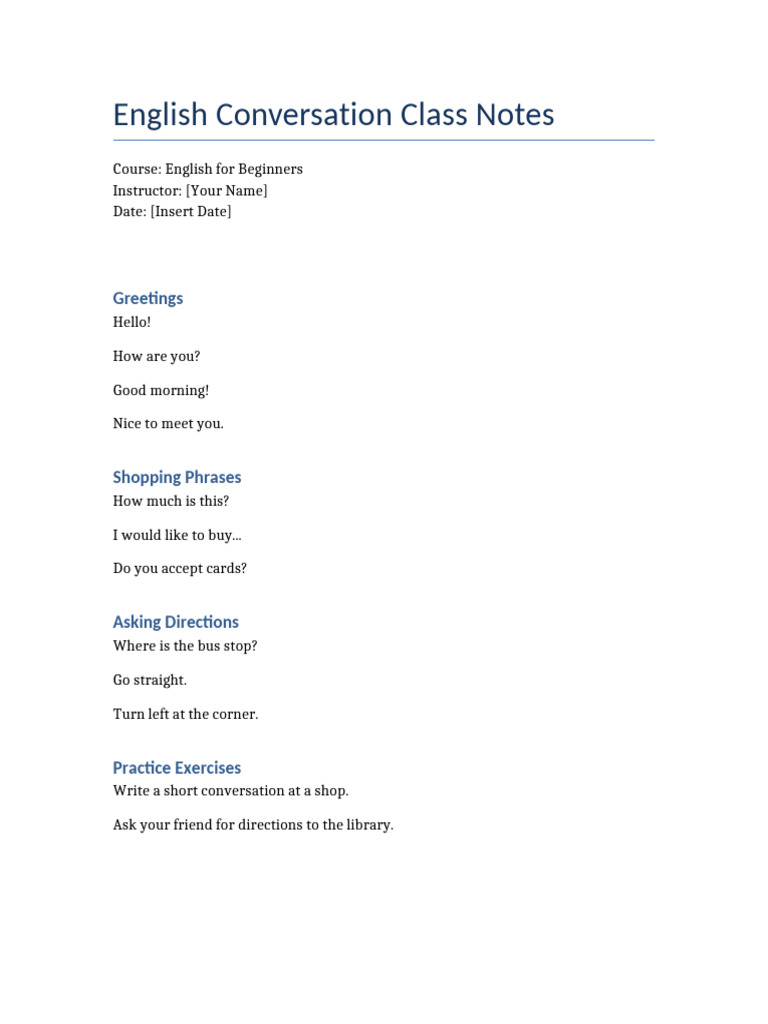 English Conversation Class Notes Class Notes | PDF