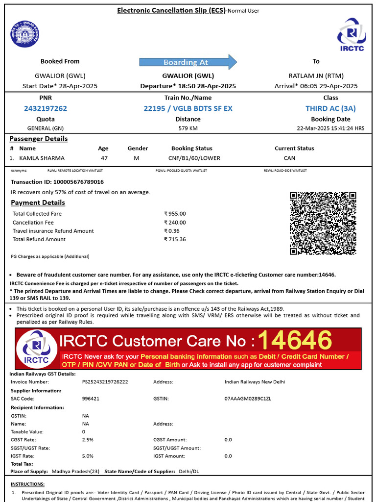 Cancellation Details for Train Ticket | PDF | Identity Document | Payments
