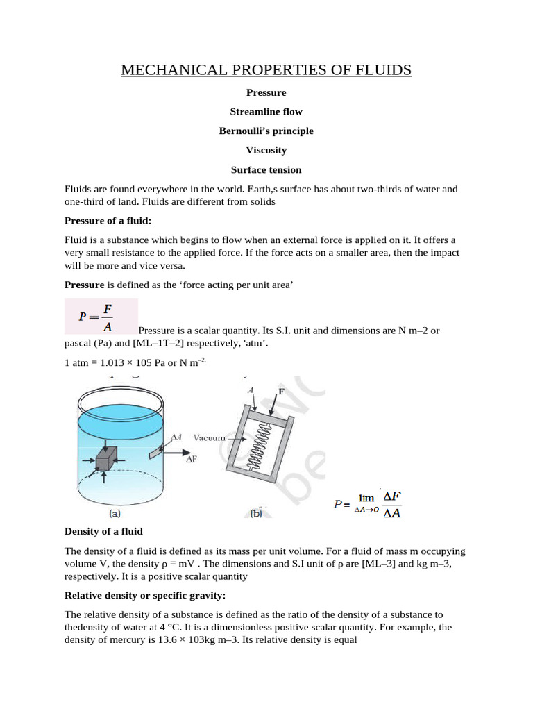 Mechanical Properties of Fluids | PDF | Pressure | Surface Tension