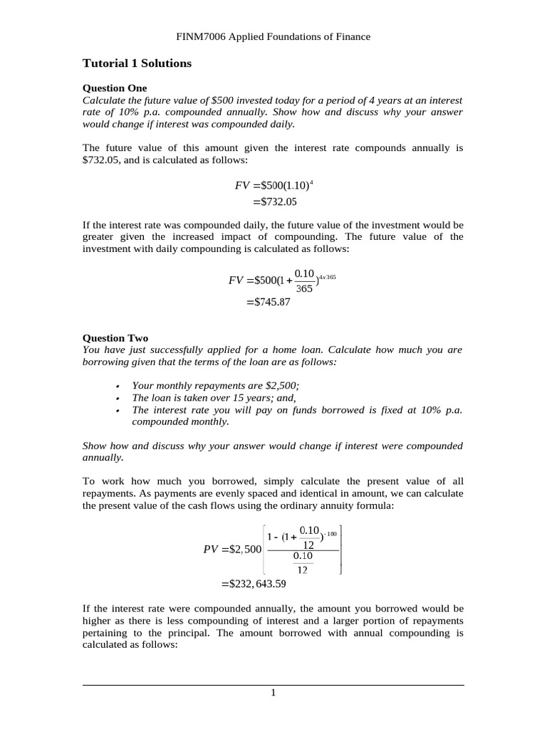 Finance Tutorial Solutions and Calculations | PDF | Present Value ...
