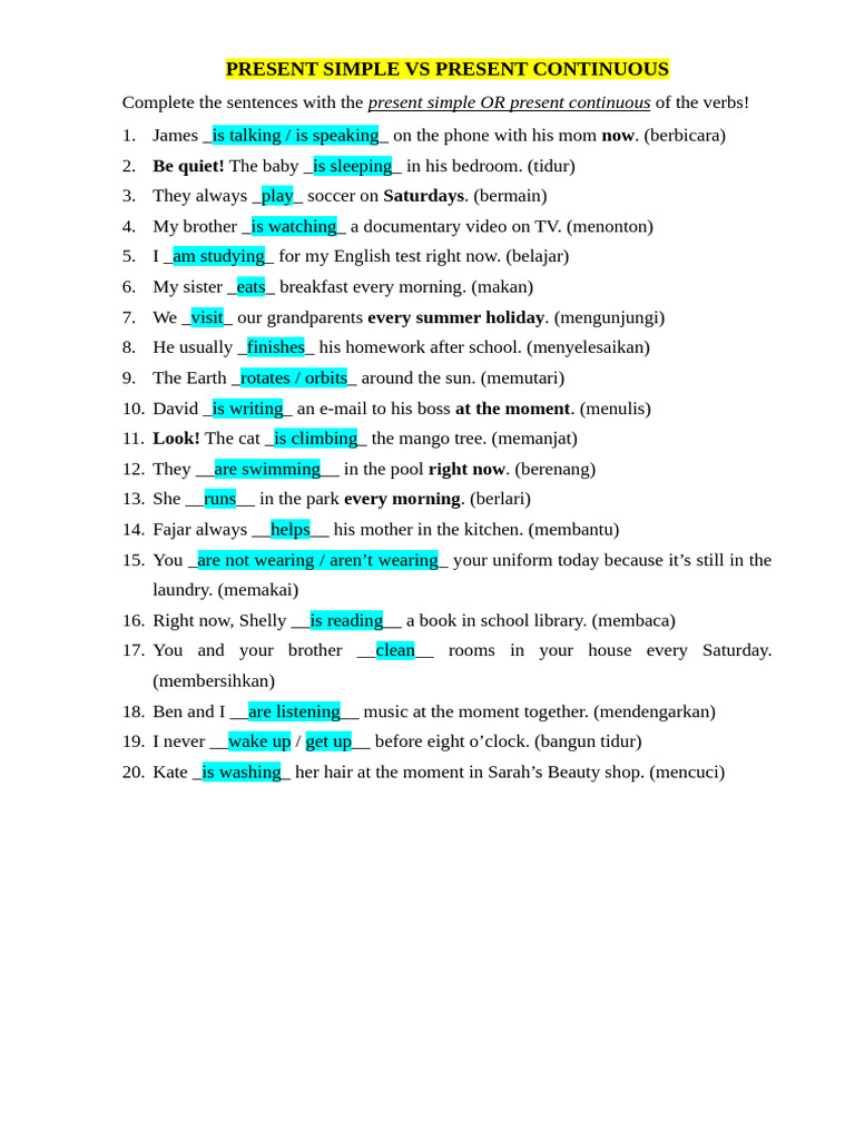 Present Simple vs Continuous Exercises | PDF | Grammar | Linguistics