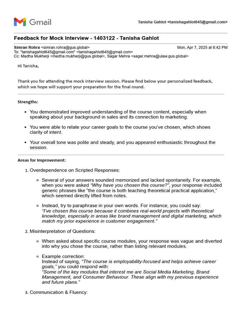 Gmail - Feedback For Mock Interview - 1403122 - Tanisha Gahlot | PDF