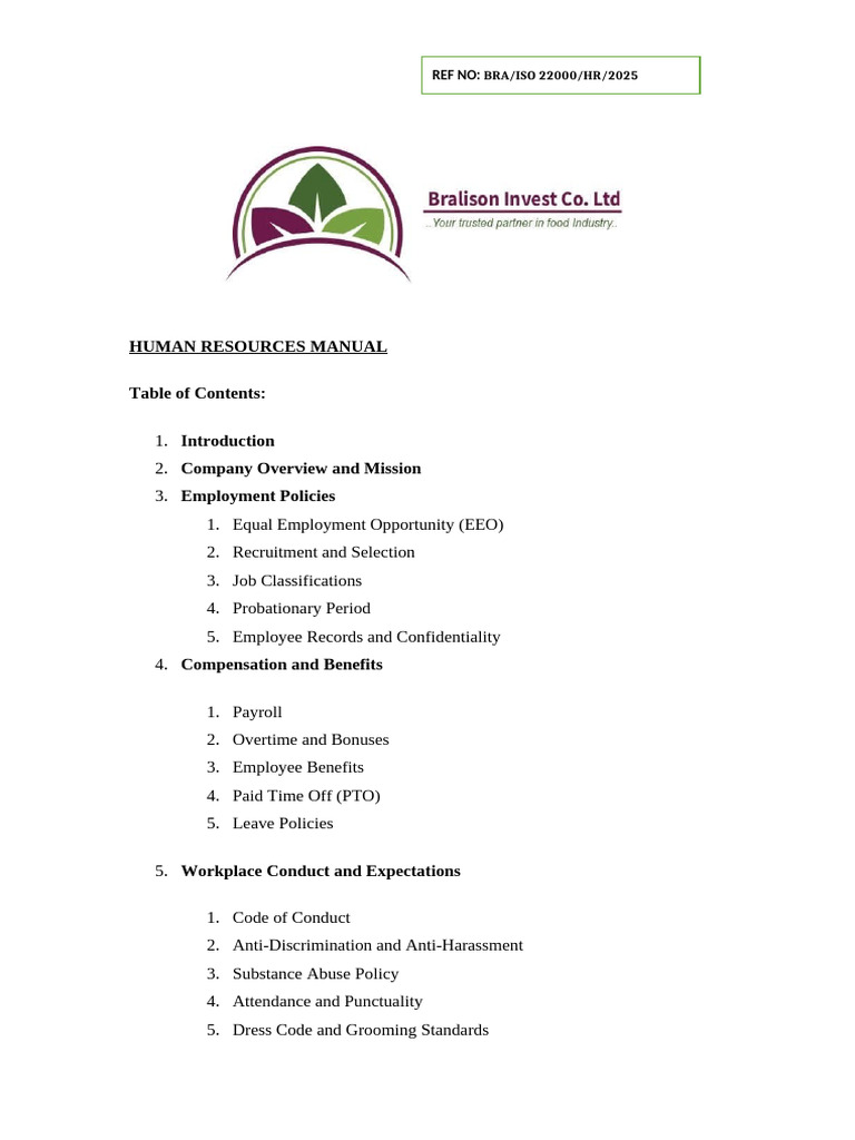 HR Manual for Bralisoninvest Company | PDF | Employment | Recruitment