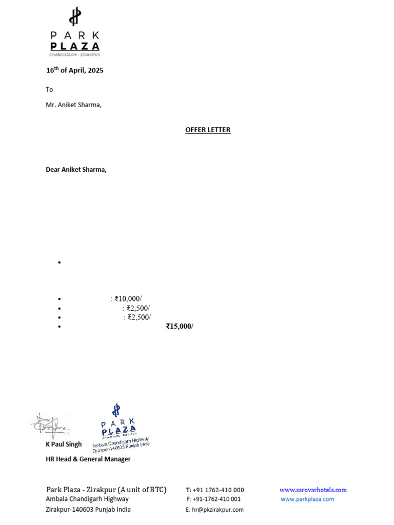 Room Service Attendant Offer Letter | PDF