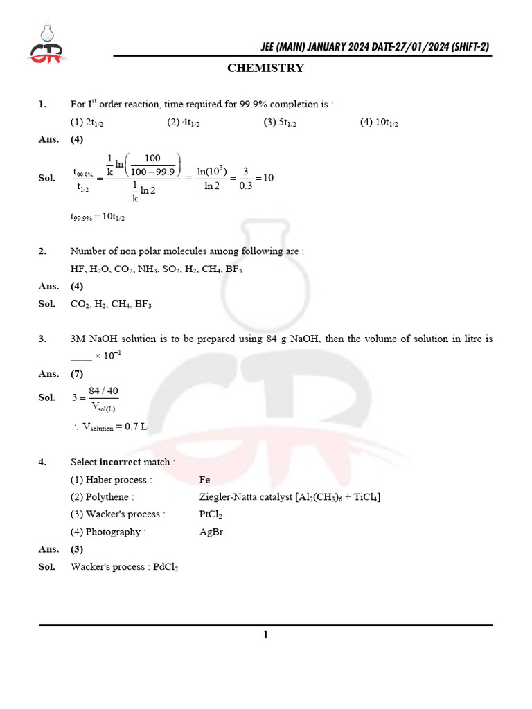 27 Jan Shift-2 JEE Main 2024 | PDF | Redox | Chemical Substances