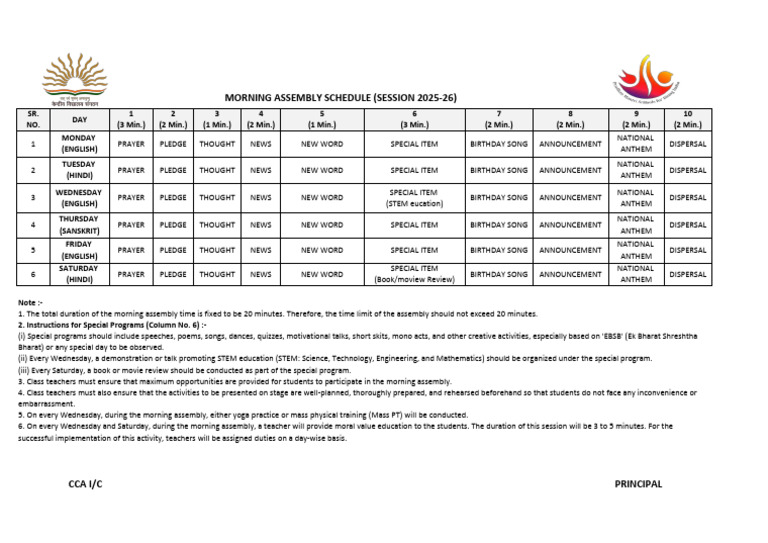 Morning Assembly Schedule 2025-26 | PDF