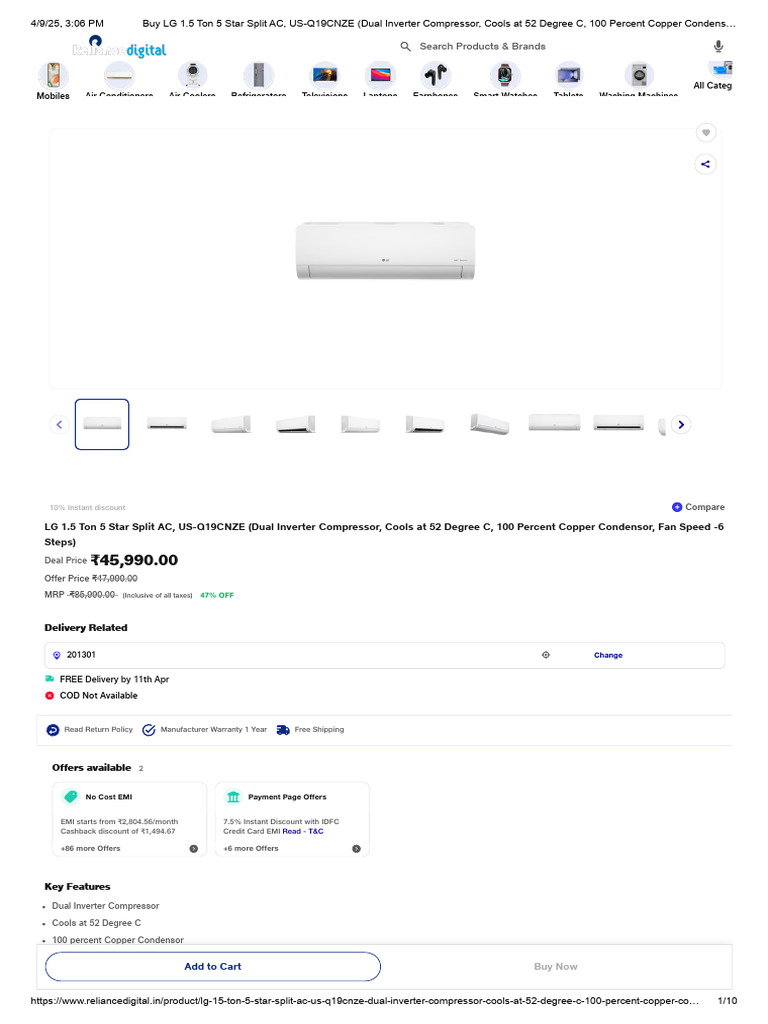 LG AC Spec Reliance Digital | PDF | Air Conditioning | Refrigerator