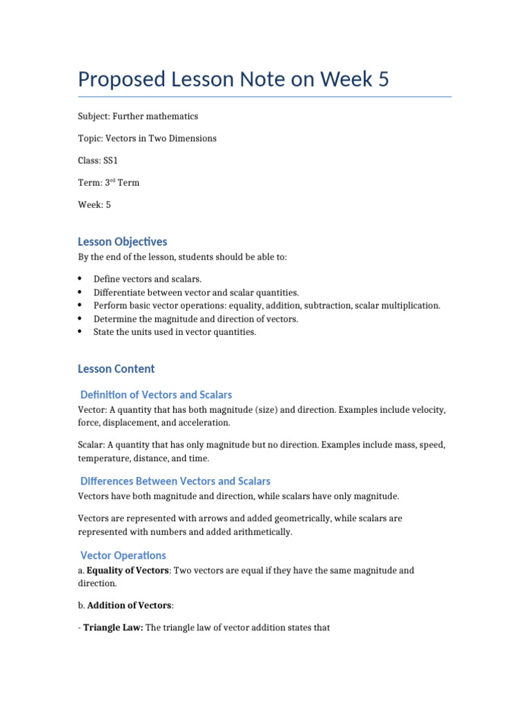 Vectors_in_Two_Dimensions_Lesson_Note | PDF | Euclidean Vector ...
