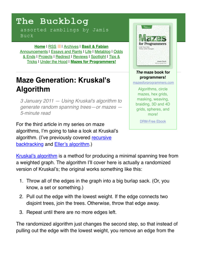 Kruskal's Algorithm for Maze Generation | PDF | Theoretical Computer ...