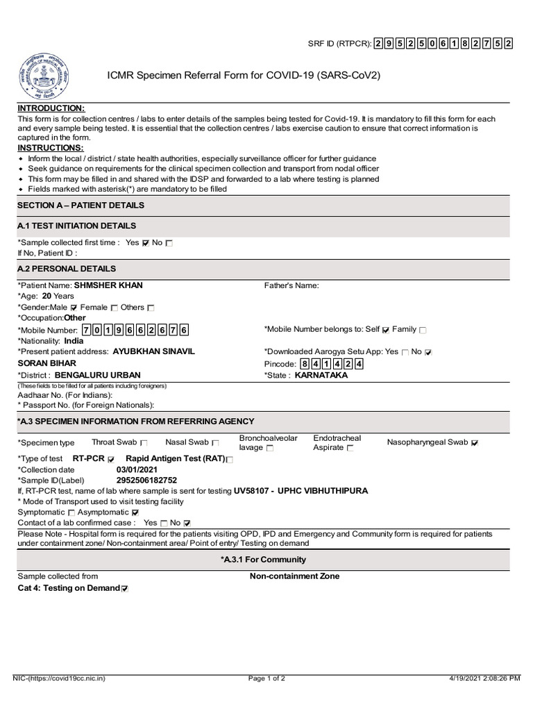 Icmr Specimen Referral Form For Covid-19 (Sars-Cov2) : (These Fields To ...