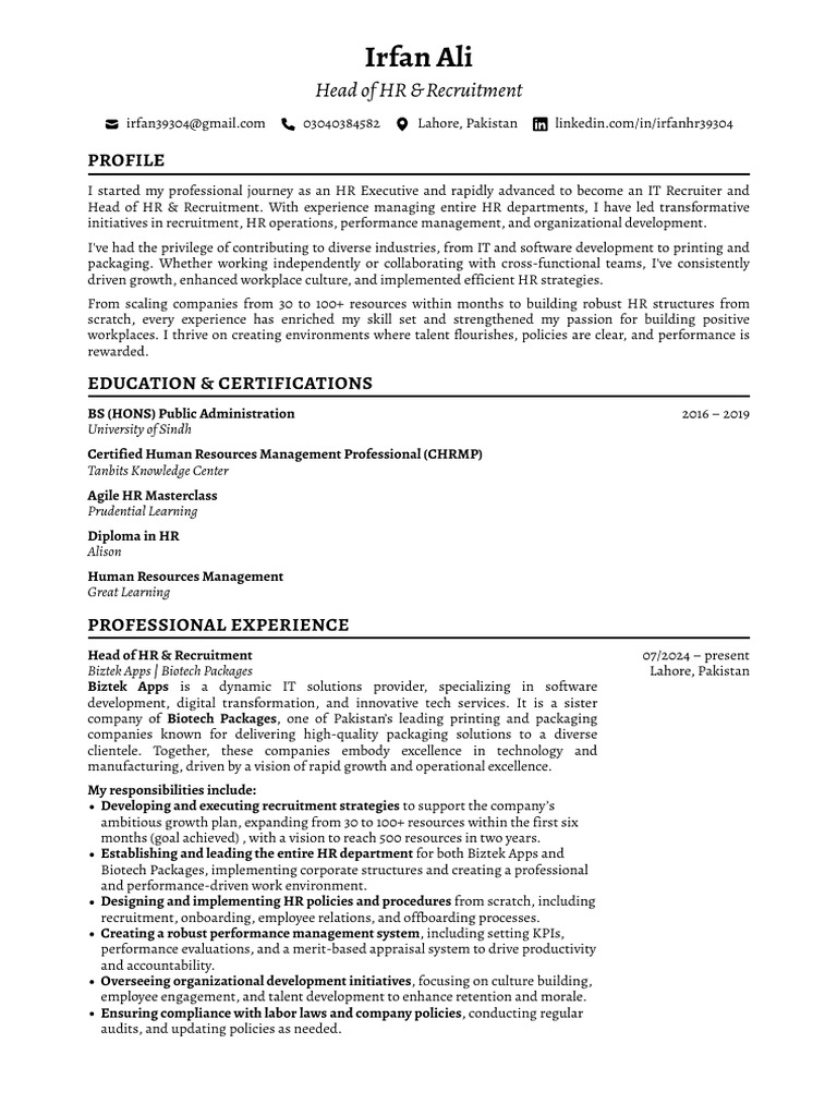 Irfan Ali: HR Leadership at Tanbits | PDF | Human Resources | Employment