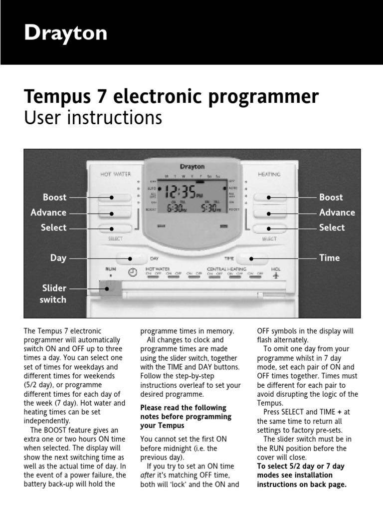 Drayton Tempus 7 Programmer Guide | PDF | Mains Electricity ...