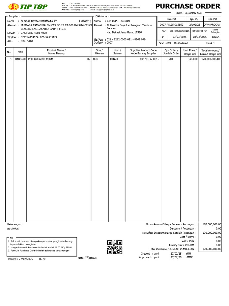 Purchase Order Tip Top Tambun | PDF
